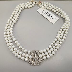 NWT Ralph Lauren Gold-Tone Imitation Pearl 3-Strand Logo Collar Necklace